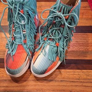 Crazy Train Teal and Orange Fringe Sneakers